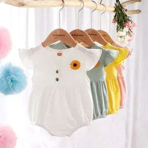 Bonito bebé niña estampado girasol manga corta mameluco verano algodón body multicolor