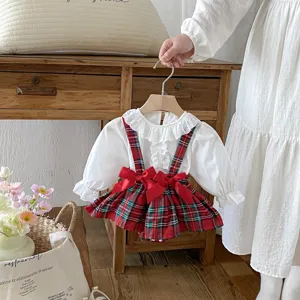Infant autumn long sleeve blouse and red plaid suspender skirt set with cute bowknot detail
