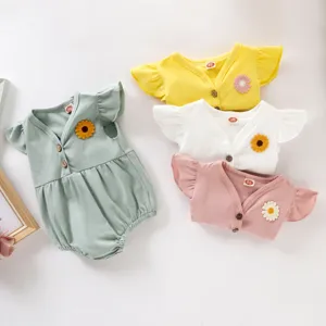 Lindo conjunto de mameluco de verano para niña con aplicación floral, ropa de algodón, 4 colores