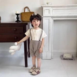 Infant baby summer short sleeve plaid romper doll collar cute infant apparel detail view