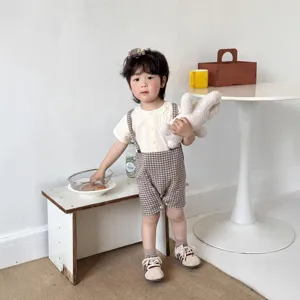 Infant baby Korean style short sleeve plaid romper cute doll collar baby summer jumpsuit