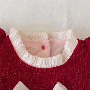 Infant baby red velvet romper detail view, white ruffled stand collar, sweet design