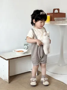 Korean style infant baby romper summer short sleeve plaid fake two piece jumpsuit detail