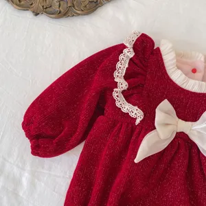 Cute red baby girl fleece romper with white lace and bow for new year festival wear