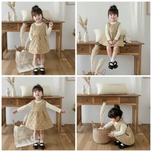 Bambina piccola abito gilet bottonato trapuntato felpato autunno inverno top smanicato carino