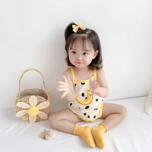 Cute baby infant girl boy summer thin cotton camisole romper yellow bow headband cute daily wear