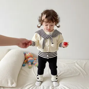 Niño pequeño bebé niñas cárdigan de punto conjunto otoño lindo rayas negro blanco suave
