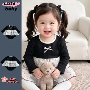 Infant Baby Girls Long Sleeve Romper Black Cotton Blend Polka Dot Mesh Tutu Jumpsuit Cute Bow Fall Bodysuit