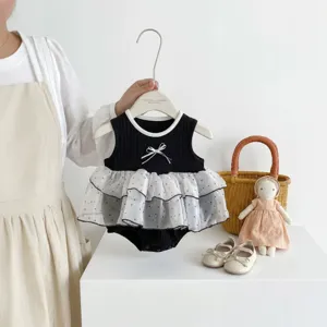 Baby girls summer sleeveless romper with cute bow and polka dot mesh tutu ruffles.