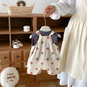 Infant baby summer sleeveless romper set with cute hamburger print, detailed fabric view.