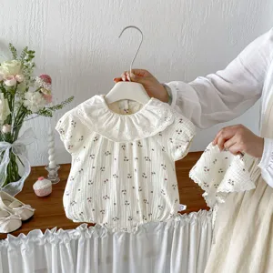 Infant summer floral cotton gauze baby romper with lace collar, newborn short sleeve cute clothing.