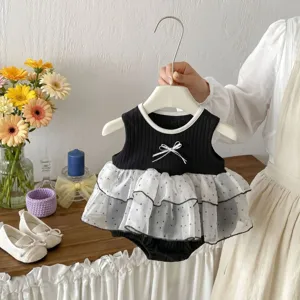 Infant baby girl summer mesh romper detail, cute bowknot design with sleeveless bodysuit.