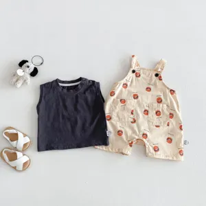 Summer baby sleeveless romper set with cute burger print tank top and overall shorts.