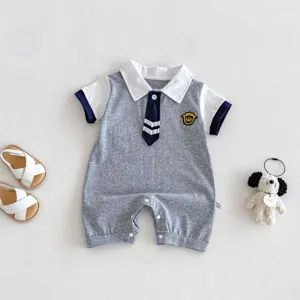 Cute baby boy short sleeve romper with polo collar and cute tie design for summer.