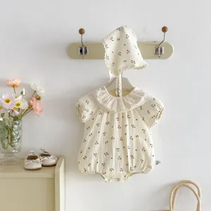 Infant summer floral cotton gauze baby romper and bonnet set with lace collar detail.