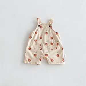 Cute baby cotton sleeveless romper with fun burger print, front pockets and buttons detail.
