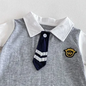 Baby boy summer short sleeve polo romper detail, cute college style gray bodysuit.