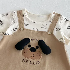 Detailed view of baby summer cotton romper featuring cute puppy embroidery and 3D plush ears.