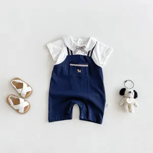 Detailed view of baby boy summer cotton romper set with sweet collar and cute dog embroidery.