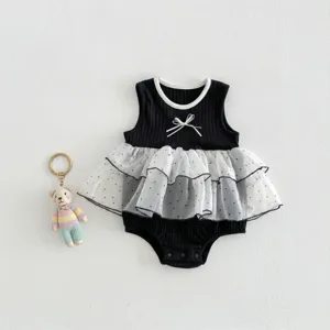 Baby girl summer black mesh romper sleeveless polka dot bodysuit with bow and bear decor new
