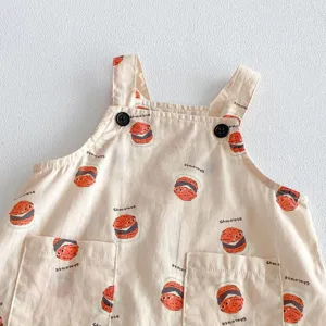 Cute baby cotton romper summer sleeveless infant bodysuit with adorable cartoon print and pockets.