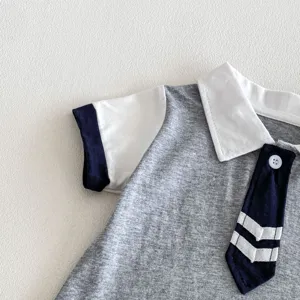 Cute baby boy short sleeve polo romper, infant summer college style cotton baby jumpsuit.