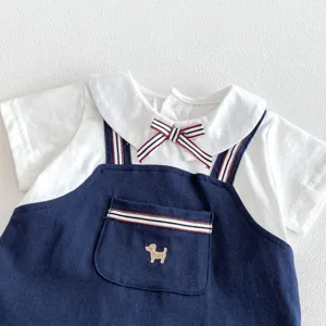 Baby boy summer romper set with white collar fake two piece design and cute dog embroidery.