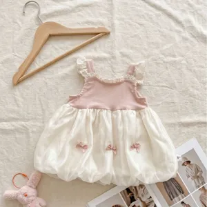 Delizioso abito senza maniche in tulle per bambina con fiocco, grazioso vestito estivo.