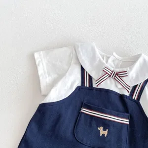 Cute baby boy summer detail romper with sailor collar, striped bow, and puppy pocket embroidery.