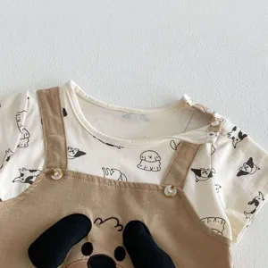 Cute puppy print baby romper summer short sleeve fake two piece infant baby clothing detail