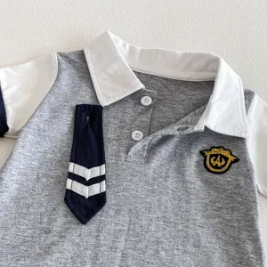 Baby short sleeve polo romper, grey and white college style baby bodysuit with cute tie detail.