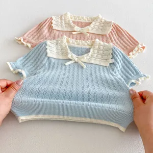Girls summer knit top featuring hollow-out lace collar and cute bowknot, lightweight knit.