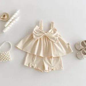 Infant Baby Girls Summer Cotton Blend Strap Top And Shorts Set Cute Bowknot Casual Outfit Sweet Style Children Clothes