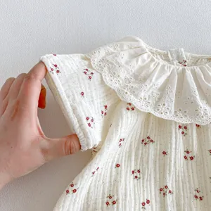 Infant baby summer cotton floral gauze short sleeve romper with delicate lace collar detail