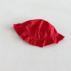 Carino cappellino da sole rosso per neonata con bordo volant, morbido cappello da spiaggia.