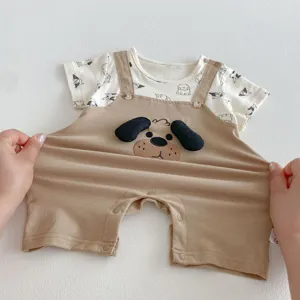 Infant baby summer fake two-piece romper detail showing cute 3D puppy face and stretch fabric.