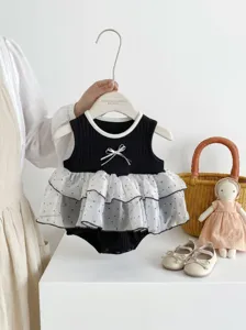 Baby summer mesh romper black sleeveless infant bodysuit with cute bow toddler girl bodysuit main