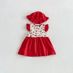 Bellissimo abito estivo da bambina con fiori rossi e cappellino coordinato per neonata.