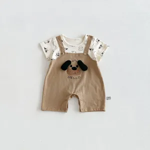 Baby summer short-sleeve romper fake two-piece cute puppy design infant crawling clothes