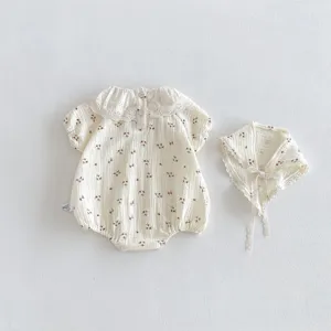 Infant baby girl summer cotton floral romper lace collar bodysuit with matching bonnet hat detail
