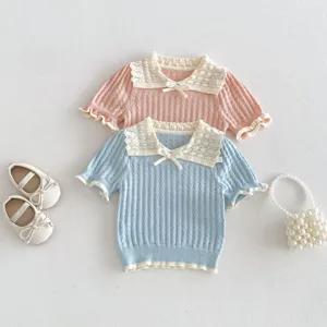 Girls sweet hollow knit short-sleeve top detail, featuring delicate lace collar and cute bow.