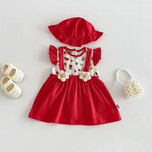 Set abito estivo floreale rosso per neonata con cappellino e scarpe, vestito grazioso neonato.