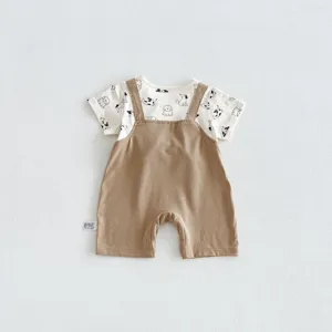Infant baby boy summer short sleeve fake two-piece romper with cute puppy print daily wear.