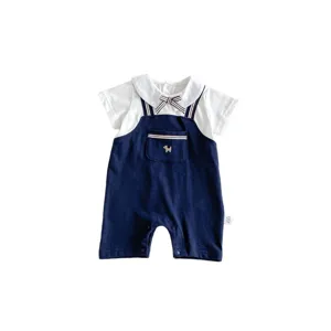 Baby boys summer short sleeve romper with cute collar and dog embroidery for toddlers.