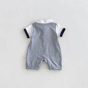 Baby boy short sleeve polo romper summer cute infant college style casual clothing back view