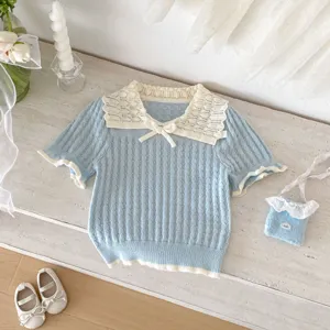 Cute girls summer knit short sleeve top with contrast big collar and bow decoration, sweet style.