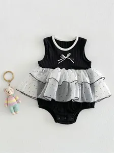 Summer baby girl sleeveless romper cute bow polka dot mesh tutu bodysuit infant clothes