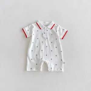 Baby boy short sleeve polo romper with anchor print and red trim infant summer clothes
