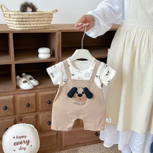 Infant summer short sleeve fake two-piece baby romper with cute puppy design and comfy fabric.