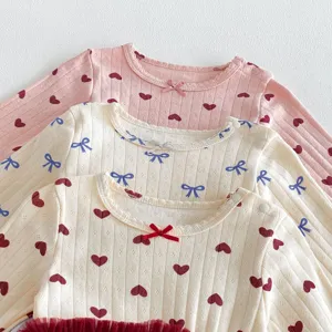 Schattige baby meisjes lange mouw romper peuter geriband strik hart print kleding